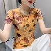 KQL 141T1113  2022夏新款洋气花朵印花网纱修身显瘦打底衫女圆领短袖T恤 商品缩略图5