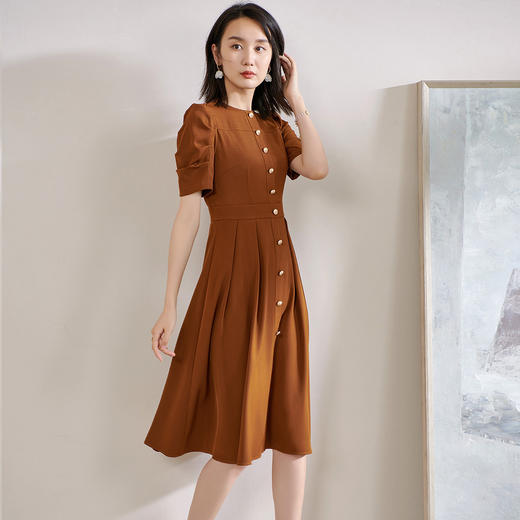 剩S 褶纹排扣2025夏季新款中长裙泡泡袖裙摆连衣裙 商品图0