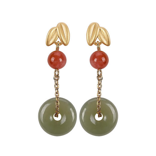 S925纯银镀金南红和田玉个性竹叶复古平安扣耳钉耳坠 CW 商品图4