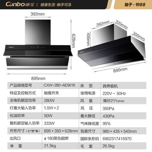 康宝（Canbo）欧式油烟 顶侧双吸 家用 厨房抽油烟 大吸力 WiFi手远程控制 自动清洗 CXW-280-AE9016（手APP控制） 商品图9