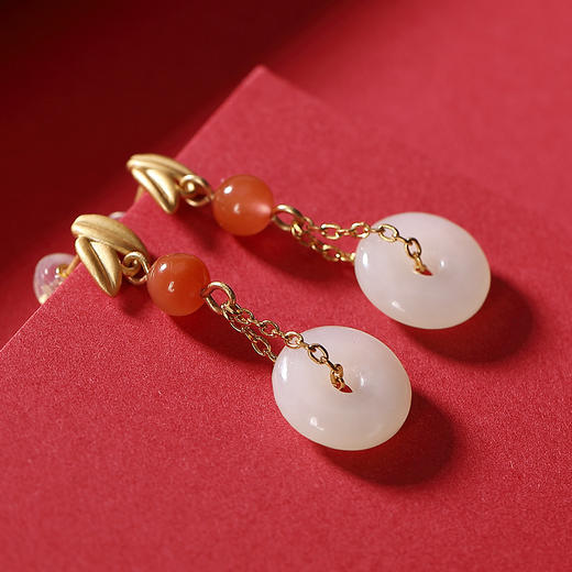 S925纯银镀金南红和田玉个性竹叶复古平安扣耳钉耳坠 CW 商品图1