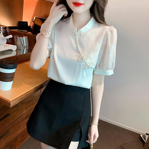 复古盘扣上衣女2022夏季气质百搭短袖洋气雪纺小衫 KQL1280 商品图2