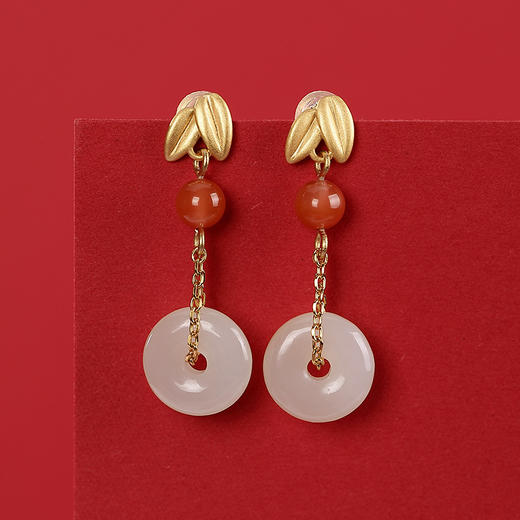 S925纯银镀金南红和田玉个性竹叶复古平安扣耳钉耳坠 CW 商品图6