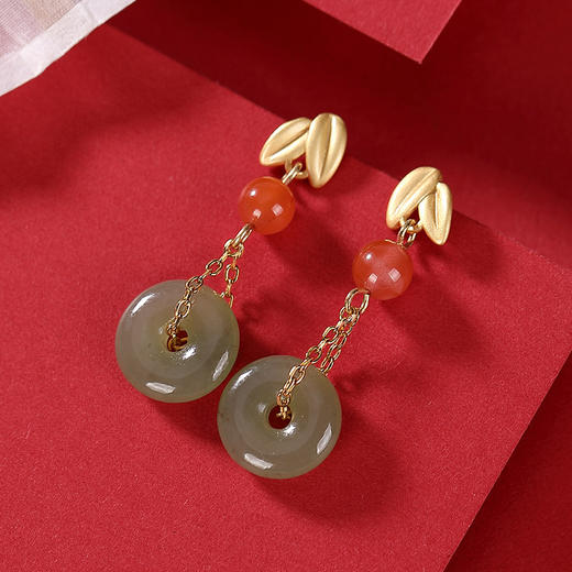 S925纯银镀金南红和田玉个性竹叶复古平安扣耳钉耳坠 CW 商品图2