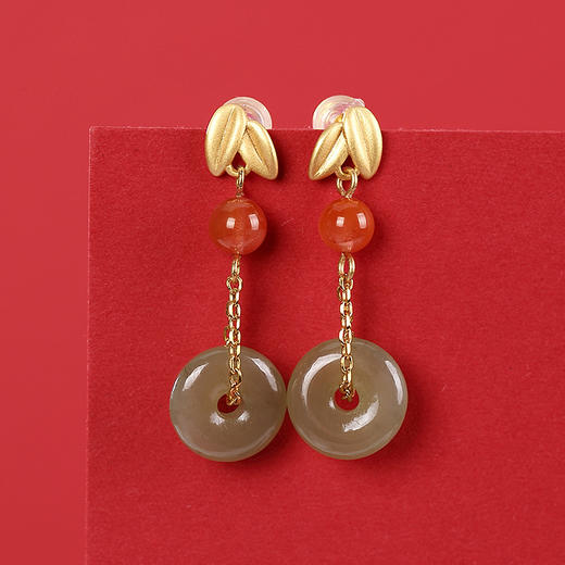 S925纯银镀金南红和田玉个性竹叶复古平安扣耳钉耳坠 CW 商品图5