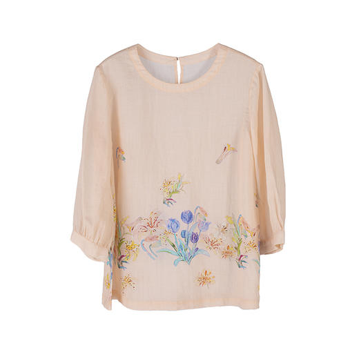 多绽放500朵/100%苎麻手绘野百合印花浅粉色七分袖长款宽松t恤 商品图4