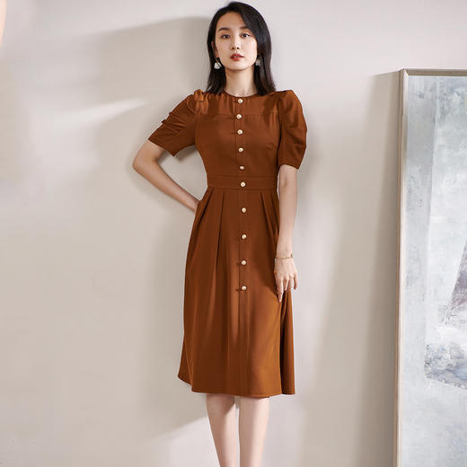 剩S 褶纹排扣2025夏季新款中长裙泡泡袖裙摆连衣裙 商品图2
