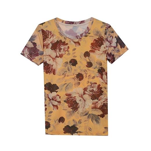 KQL 141T1113  2022夏新款洋气花朵印花网纱修身显瘦打底衫女圆领短袖T恤 商品图6