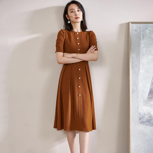 剩S 褶纹排扣2025夏季新款中长裙泡泡袖裙摆连衣裙 商品图1