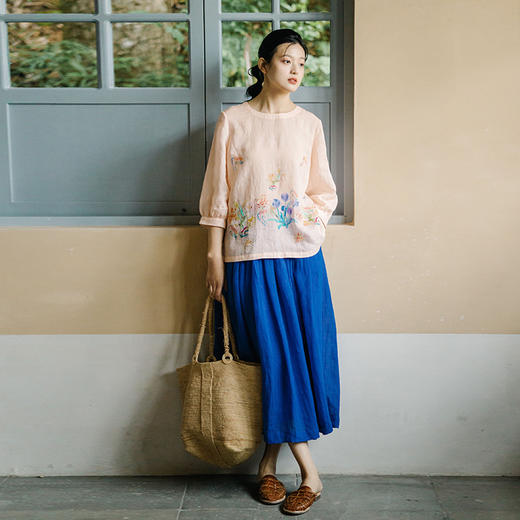 多绽放500朵/100%苎麻手绘野百合印花浅粉色七分袖长款宽松t恤 商品图2