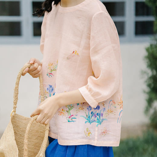 多绽放500朵/100%苎麻手绘野百合印花浅粉色七分袖长款宽松t恤 商品图3