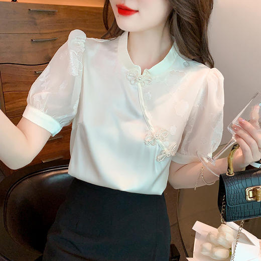 复古盘扣上衣女2022夏季气质百搭短袖洋气雪纺小衫 KQL1280 商品图3