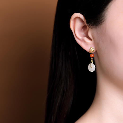 S925纯银镀金南红和田玉个性竹叶复古平安扣耳钉耳坠 CW 商品图3