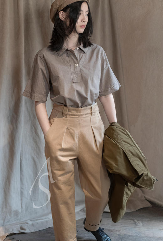 MHL 亚麻色/靛蓝色单褶棉质直筒裤 商品图0