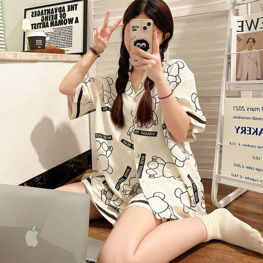 夏天 睡衣女夏季短袖短裤，薄款家居服开衫和服套装XFL453 商品图0