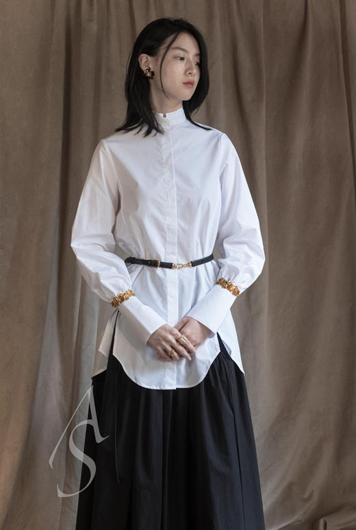 Mark Kenly Domino Tan   白色SHANNON棉质立领长袖衬衫 商品图0