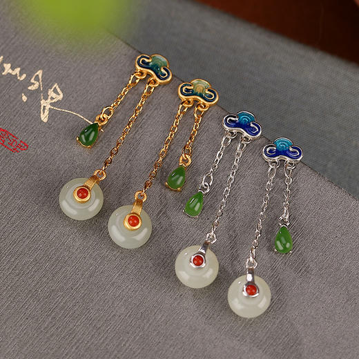 S925纯银镀金镀金景泰蓝和田玉复古如意平安扣耳钉耳坠  CW 商品图0