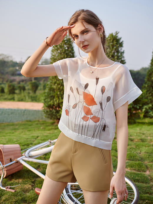 OLrain法式高级穿搭印花雪纺衫女夏季2022新款气质欧根纱白色上衣06XS85053 商品图1