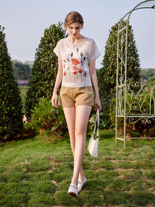 OLrain法式高级穿搭印花雪纺衫女夏季2022新款气质欧根纱白色上衣06XS85053 商品图4