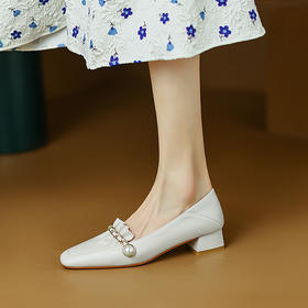 超软显瘦，优雅真皮粗跟方头日常单鞋WC-M9763