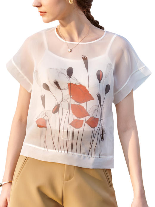 OLrain法式高级穿搭印花雪纺衫女夏季2022新款气质欧根纱白色上衣06XS85053 商品图6