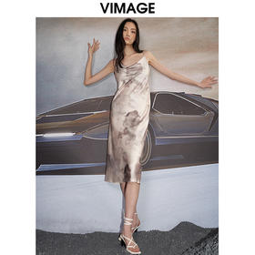 VIMAGE纬漫纪秋季新品复古轻薄水墨印花吊带连衣裙V1807411