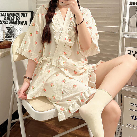 夏天 睡衣女夏季短袖短裤，薄款家居服开衫和服套装XFL453 商品图2