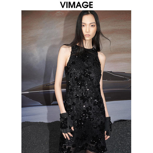 VIMAGE纬漫纪秋季新款优雅刺绣亮片礼服女宴会连衣裙礼服V1877401 商品图3