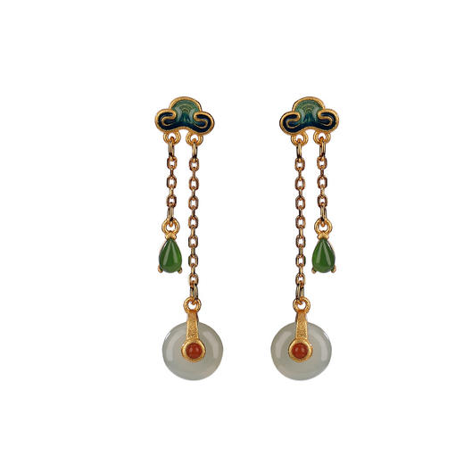 S925纯银镀金镀金景泰蓝和田玉复古如意平安扣耳钉耳坠  CW 商品图4