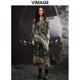 VIMAGE纬漫纪秋季新款印花复古显瘦V领连衣裙V1807404