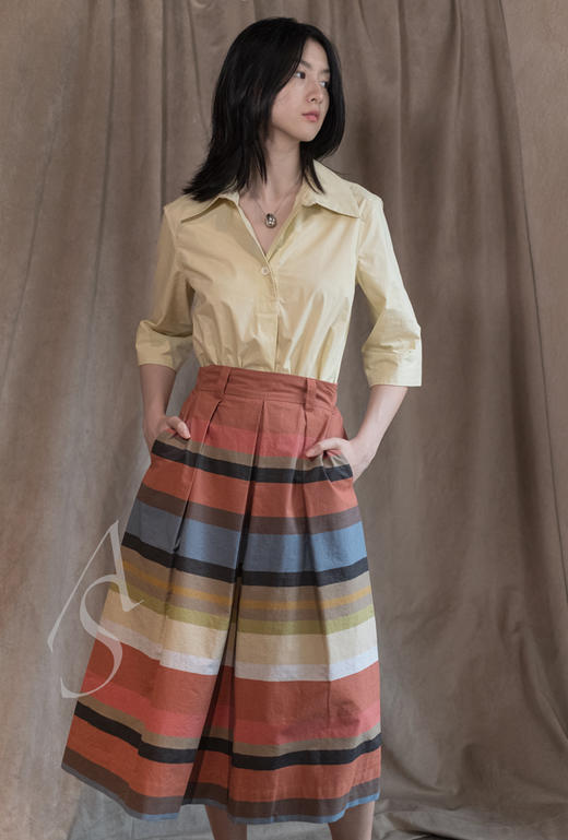 Margaret Howell  彩色条纹棉质垂褶半裙 商品图0