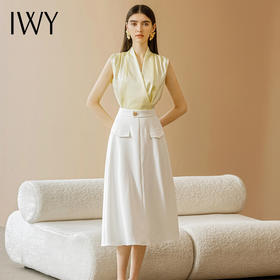 IWY浅黄色无袖衬衫及膝长裙套装时尚白领都市职业装
