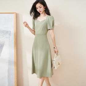 剩S/M/L/XL 米思阳2025夏季新款简约优雅方领复古中长裙泡泡袖修身连衣裙2134