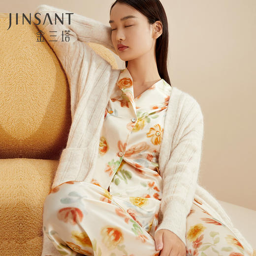 金三塔100%桑蚕丝女士真丝睡衣印花拼刺绣蕾丝双排扣时尚家居服   YSFCC202 商品图0