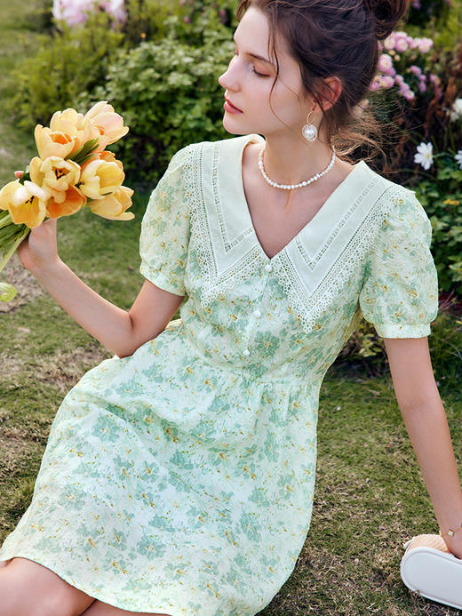 欧芮儿OLrain法式碎花连衣裙女夏季2022年新款收腰泡泡袖桔梗短裙 商品图1