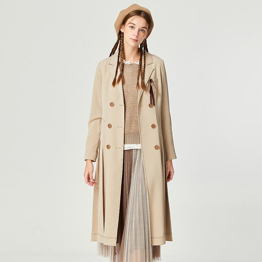 Famecoco范可儿设计感百褶裙式修身风衣新品秋季外套女士长款F225AT004 商品图0