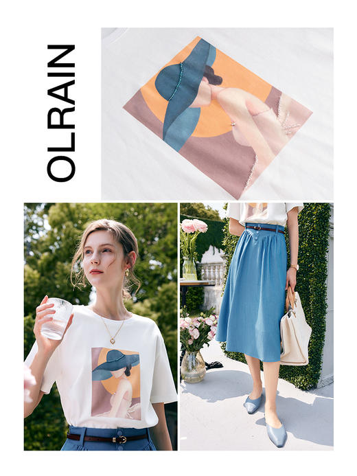 欧芮儿OLrain法式白色印花t恤女夏季2022年新款落肩袖针织上衣 商品图1
