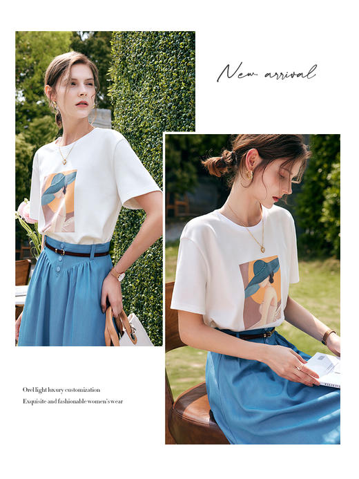 欧芮儿OLrain法式白色印花t恤女夏季2022年新款落肩袖针织上衣 商品图3