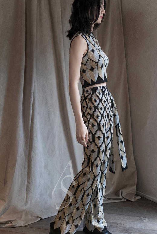 Paco Rabanne  黑色菱形纹侧系带针织直筒裤 商品图1