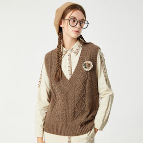 Famecoco范可儿毛衣背心女外搭秋款V领复古扭花坎肩马甲F225CA027
