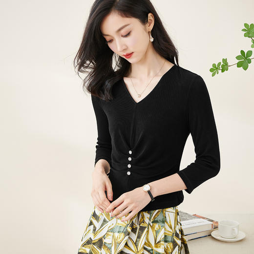 镶钻黑色醋酸针织T恤 软弹爽滑 米思阳2025秋季时尚薄款修身上衣女2096 商品图1