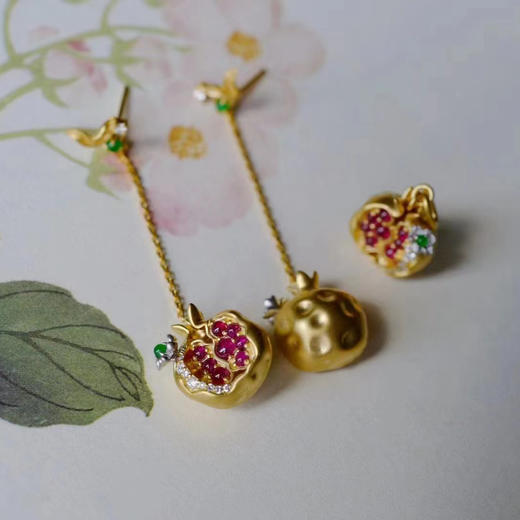 龢盒原创 18k金镶红宝石翡翠石榴耳环吊坠套 商品图0