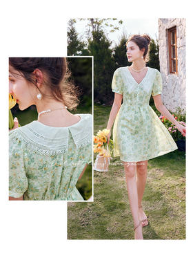 欧芮儿OLrain法式碎花连衣裙女夏季2022年新款收腰泡泡袖桔梗短裙