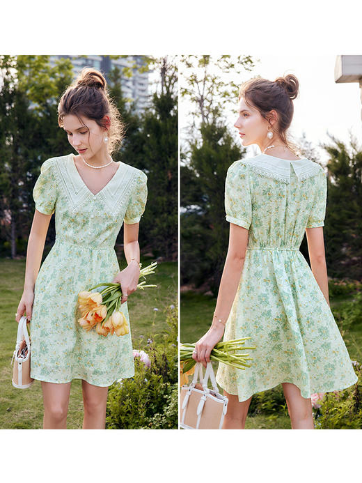 欧芮儿OLrain法式碎花连衣裙女夏季2022年新款收腰泡泡袖桔梗短裙 商品图2