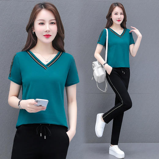 2022新款时尚休闲运动服套装女V领纯棉两件套TR-8303MDLY 商品图3