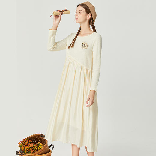 Famecoco范可儿长袖拼接连衣裙女秋品不规则针织毛衣长裙 商品图1