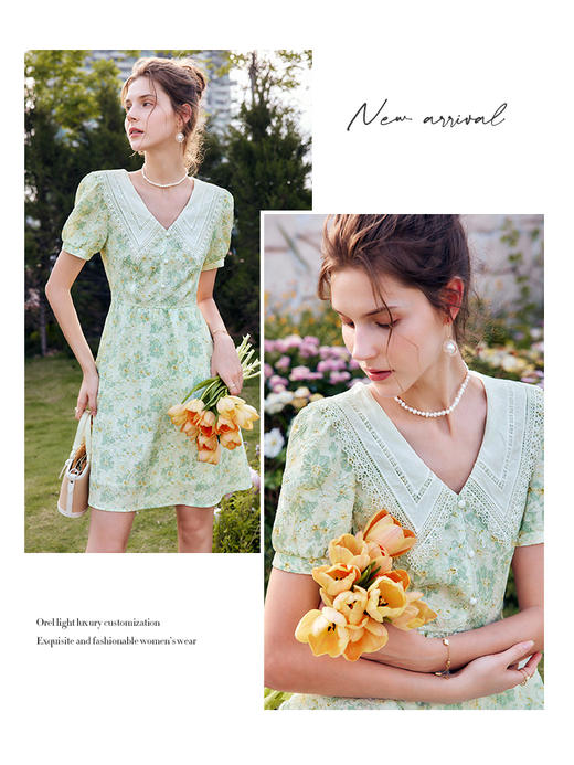 欧芮儿OLrain法式碎花连衣裙女夏季2022年新款收腰泡泡袖桔梗短裙 商品图3