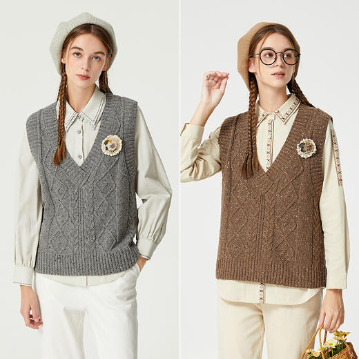 Famecoco范可儿毛衣背心女外搭秋款V领复古扭花坎肩马甲F225CA027 商品图4