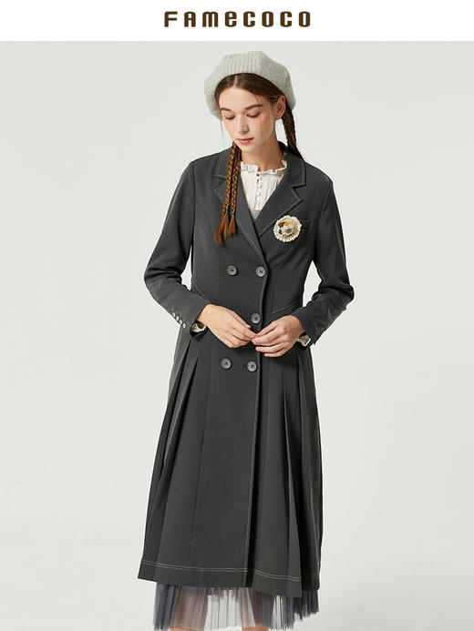 Famecoco范可儿设计感百褶裙式修身风衣新品秋季外套女士长款F225AT004 商品图2