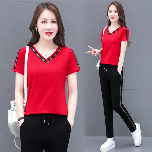 2022新款时尚休闲运动服套装女V领纯棉两件套TR-8303MDLY 商品图4